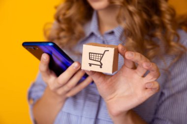 İnternetten alışveriş. Kadın eli ve telefonundaki karton kutular. Teslimat hizmeti kavramı.
