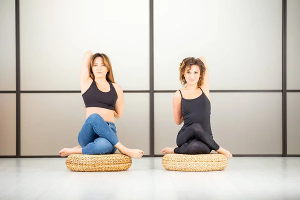 Yoga power. Exercises indoor in the studio. Active healthy life concept.