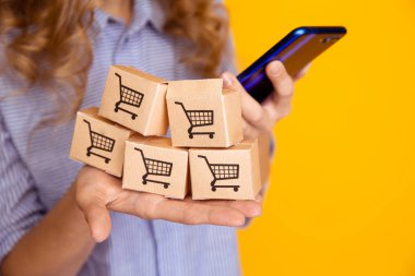 İnternetten alışveriş. Kadın eli ve telefonundaki karton kutular. Teslimat hizmeti kavramı.