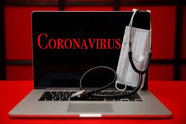 Tela de monitor de laptop com o coronavírus de texto de aviso. Conceito de vírus chinês . — Fotografia de Stock