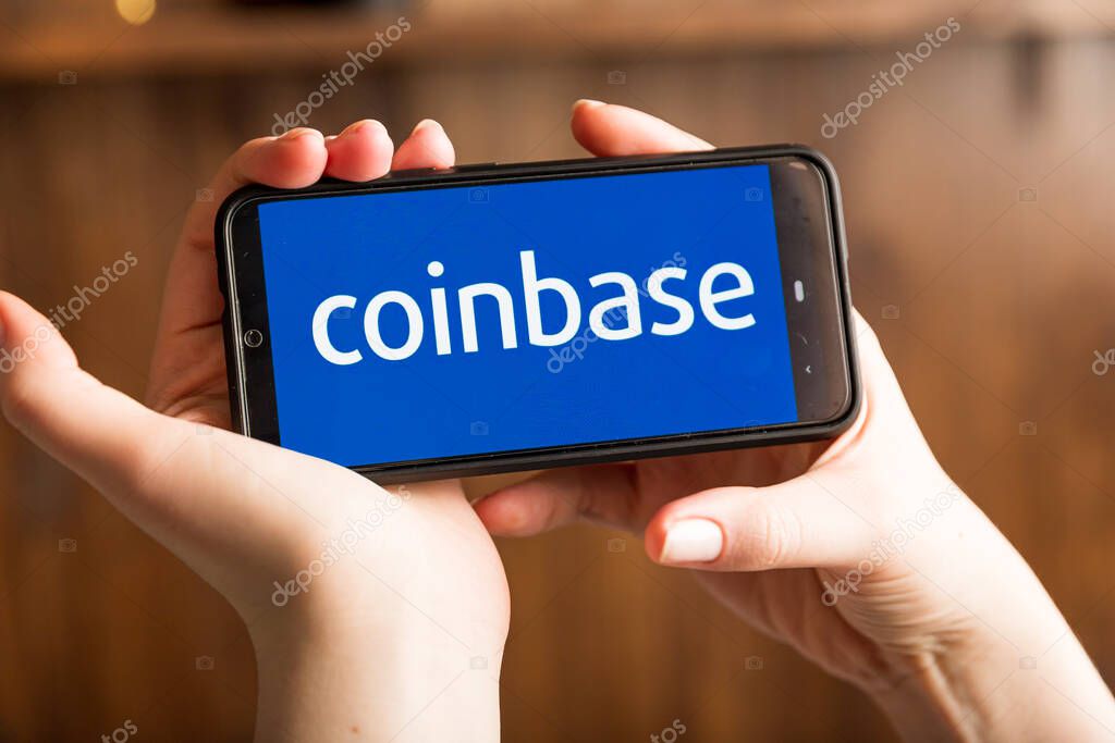 Tula Russia 16.01.20 coinbase on the phone display isolated