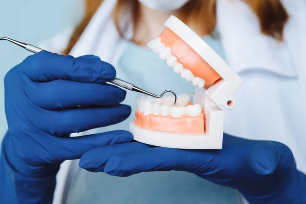 Appuntamento odontoiatrico, strumenti odontoiatrici e concetto di check-up igienico dentale con protesi dentarie modello e strumenti stomatologici su grigio scuro. Controlli regolari sono essenziali per la salute orale — Foto Stock