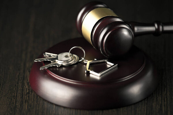 Gavel wooden and house for home buying or selling of bidding or lawyer of home real estate