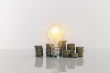Bozuk para dolu bir ampulü tutan el. Para biriktirmek için yaratıcı fikirler. Gelecek için para yönetimi