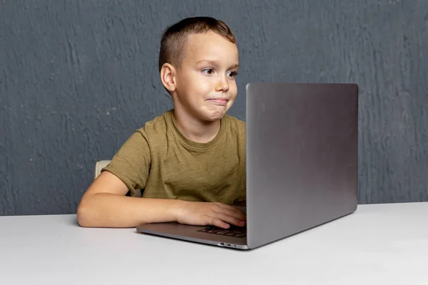 Concepto de aprendizaje en línea. Niño sentado con la computadora y haciendo la tarea . —  Fotos de Stock