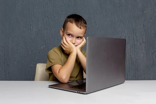 Concetto di home learning online. Ragazzo seduto con il computer e fare i compiti . — Foto Stock