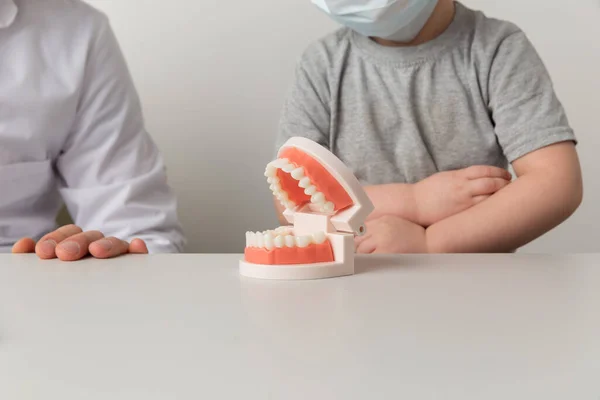 Dentista con niño en el gabinete sentado en el escritorio con mandíbula falsa y herramientas médicas . — Foto de Stock