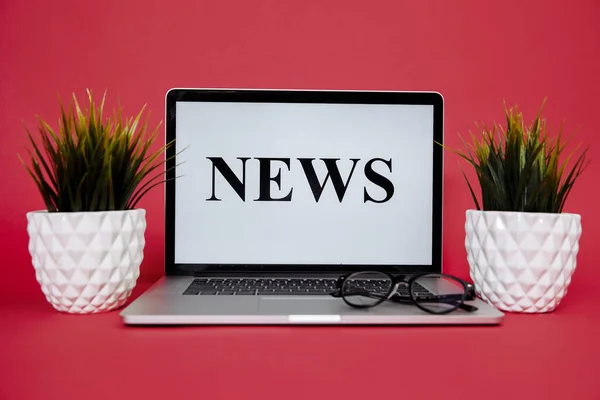( 영어 ) Modern metal glossy office laptop with business news Internet web site on screen isolated on red background — 스톡 사진