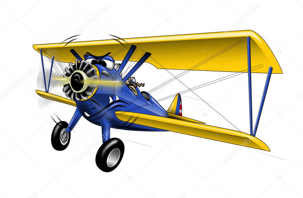 WWI Bi-plane Warbird Cartoon Illustration