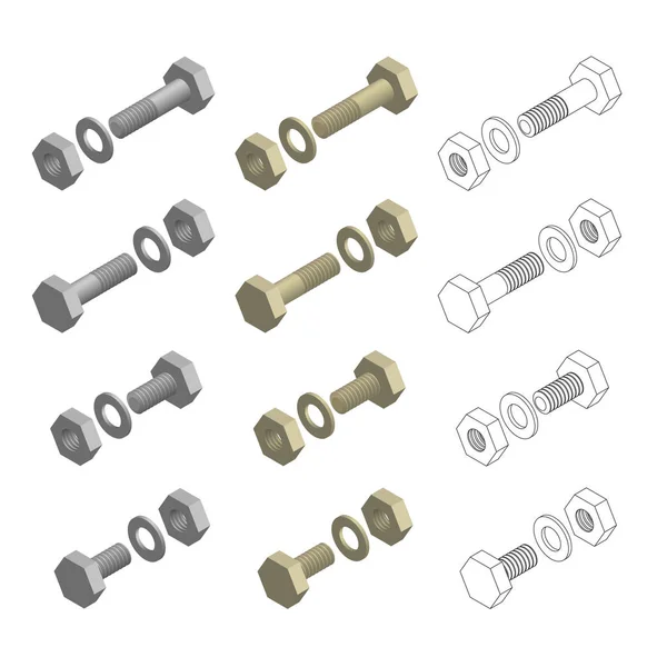 Tuercas Tornillos Arandelas Hardware Set isométrico — Vector de stock