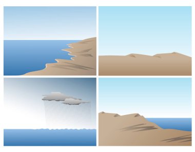 Okyanus, kum tepeleri ve tepeler ile sahne vektör