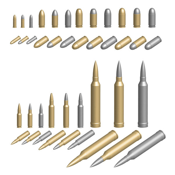 Variety of bullets illustrated in brass silver or steel casings 