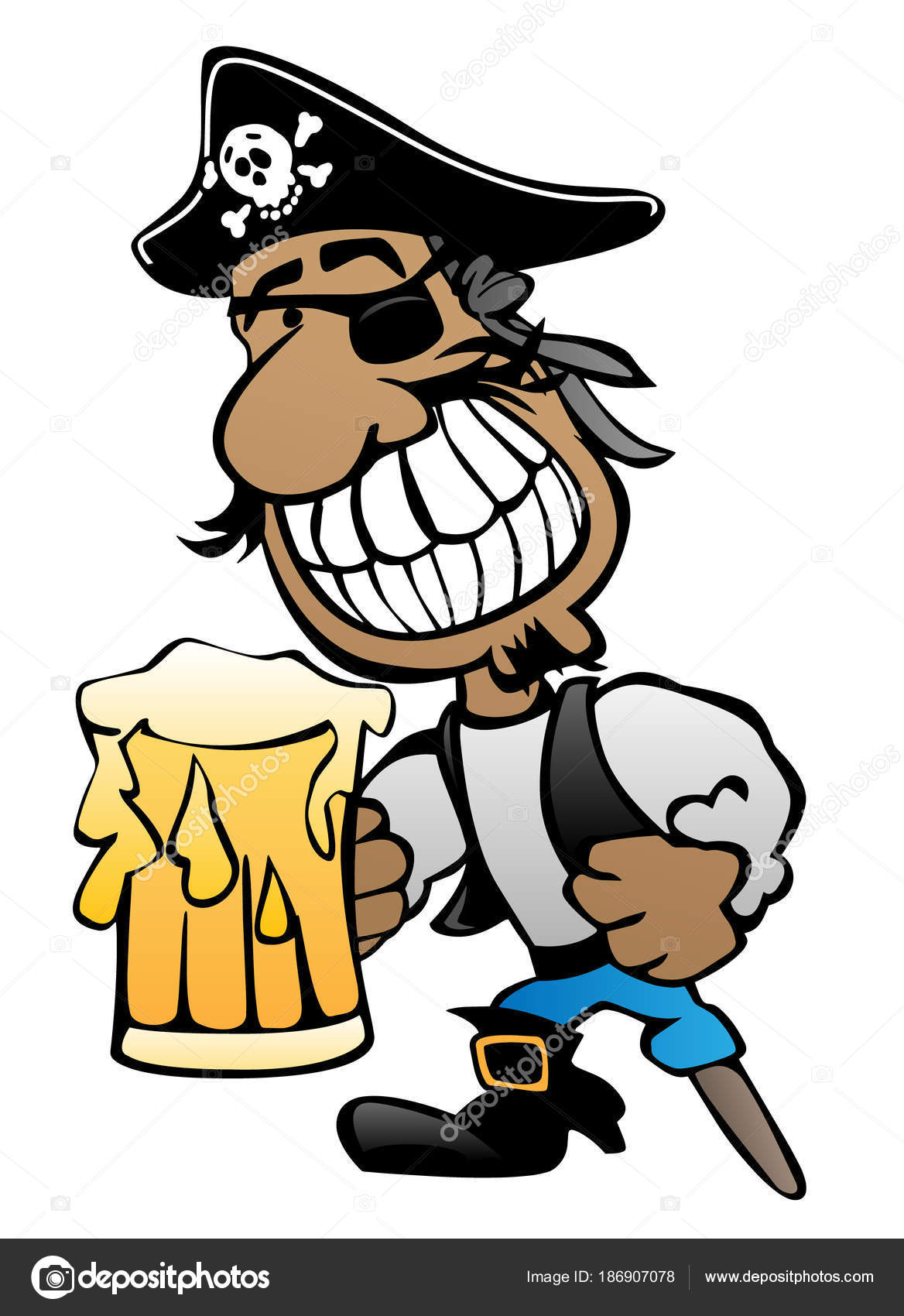 Personaggio dei cartoni animati del pirata con la gamba di legno benda sull occhio e birra di vettore — Vettoriali di hobrath