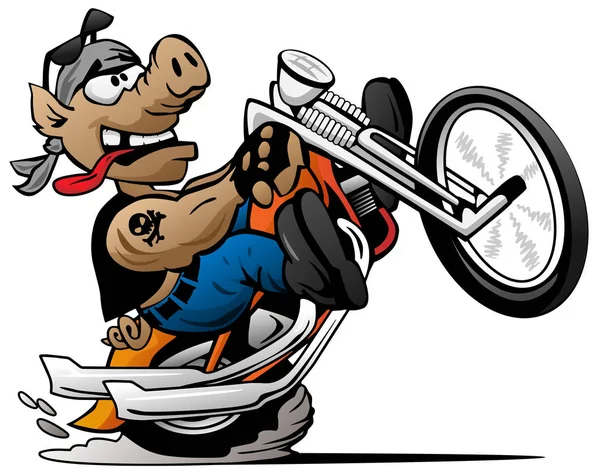 Biker Porco Popping Wheelie Uma Motocicleta Desenho Animado Vetor Ilustração — Vetor de Stock