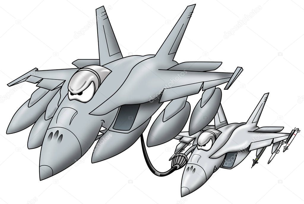 Refueling military jet giving fuel to a military fighter jet cartoon graphic