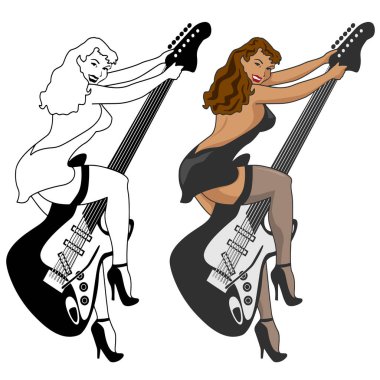 Vintage tarzı Pin-up kızı elektro gitar vektör çizim sürme
