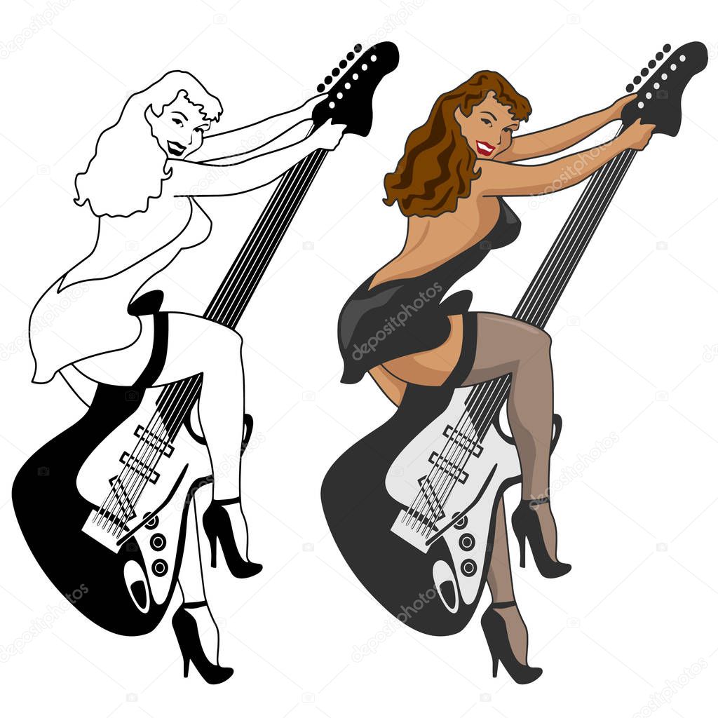 Vintage Style Pin-up Girl Riding Electric Guitar Vector Illustration