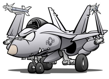 Askeri deniz Fighter Jet uçak, güverte, kanatları katlanmış, agresif ifade, karikatür vektör çizim üzerinde