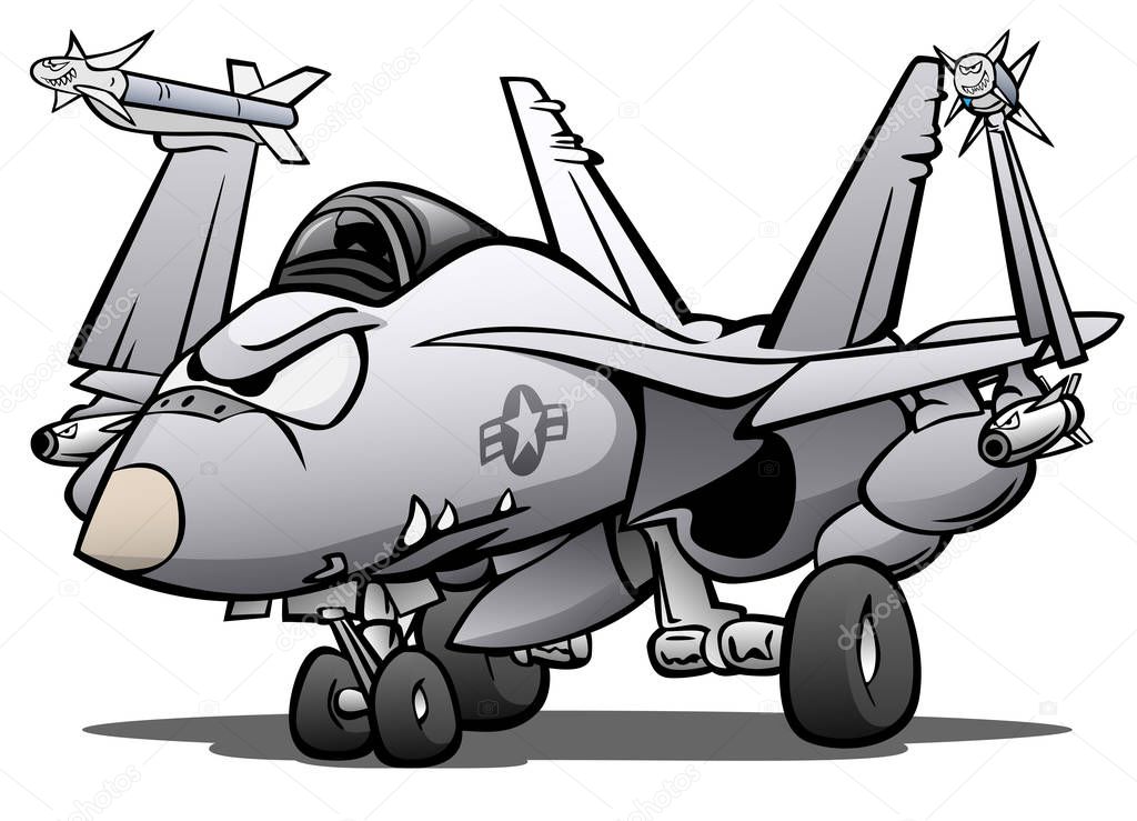 Military Naval Fighter Jet Airplane, On Deck, Wings Folded, Aggressive Expression, Cartoon Vector Illustration