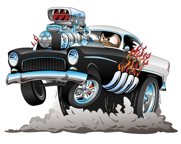 Klasik Amerikan ellili Hot Rod komik araba Karikatür büyük bir motor, alevler, İçilmeyen lastikleri ile Stil, bir Wheelie haşhaş, illüstrasyon vektör