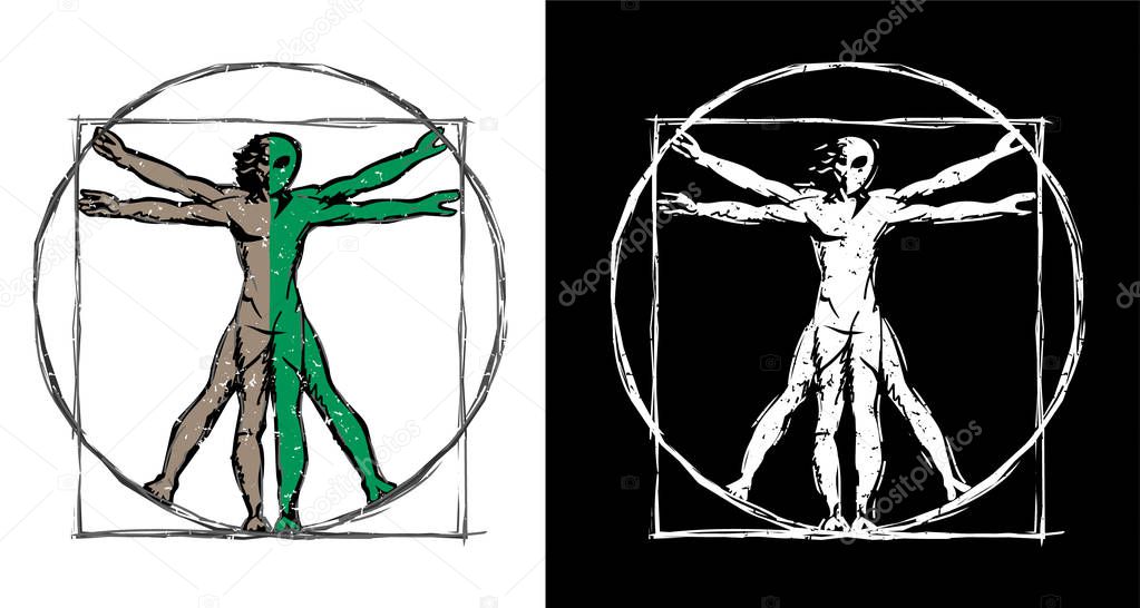 Vitruvian Man UFO Alien Hybrid Sketch Isolated Vector Illustration