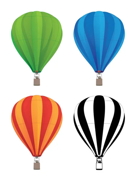 Hot Air Ballon Set Groen Blauw Rood Oranje Zwarte Lijn — Stockvector