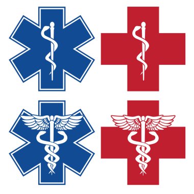 EMT, Hemşire, Doktor Caduceus Tıbbi Hizmetler Kırmızı ve Mavi Haç Sembolleri İzole Vektör Resimleri
