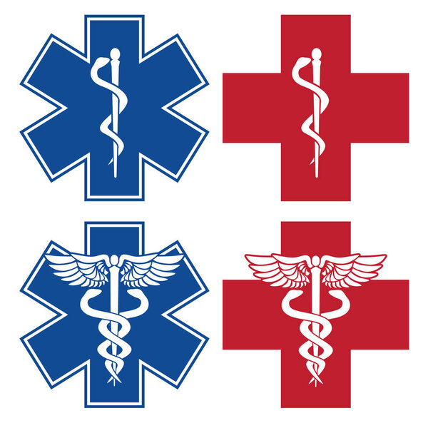 EMT, Nurse, Doctor Caduceus Medical Services Red and Blue Cross Symbols Isolated Vector Illustration