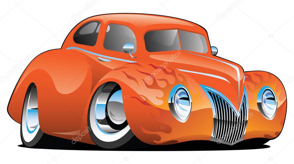 Custom American street rod car cartoon, orange with classic hot rod flames and big chrome rims, isolated vector illustration for easy editing.