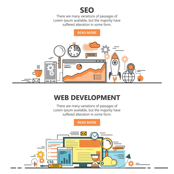 Optimización de motores de búsqueda y desarrollo web banners planos de diseño de línea delgada. Elementos conceptuales vectoriales, iconos — Vector de stock