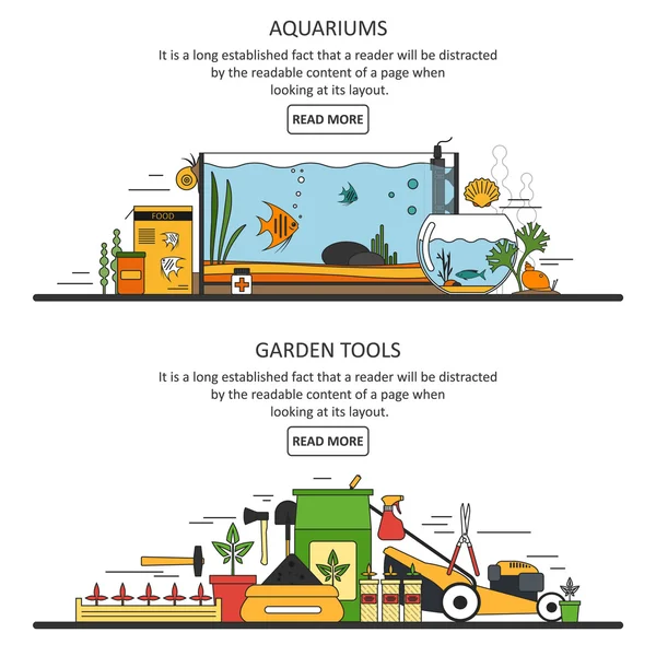 Banner per acquari e attrezzi da giardino in stile piatto. Elementi di design vettoriale, icone . — Vettoriale Stock
