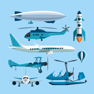 Uçan nakliye nesnelerinin vektör kümesi. Sıcak hava balonu, roket, helikopter, uçak, retro çift kanatlı uçak. Tasarım öğeleri ve yalıtılmış aktarım simgeleri düz tarzda