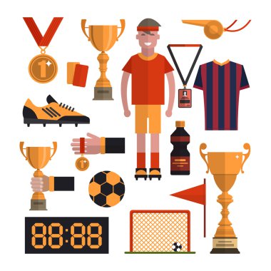 Futbol simgeleri ayarlandı. Futbol düz tarzda tasarım öğeleri izole. Oyuncu, bot, top, üniforma, fincan, kapılar