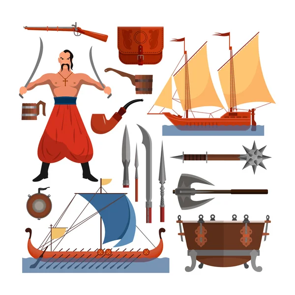 Conjunto vetorial de objetos cossacos, ícones e elementos de design em estilo plano. Cossaco homem, armas, barcos, tambor — Vetor de Stock