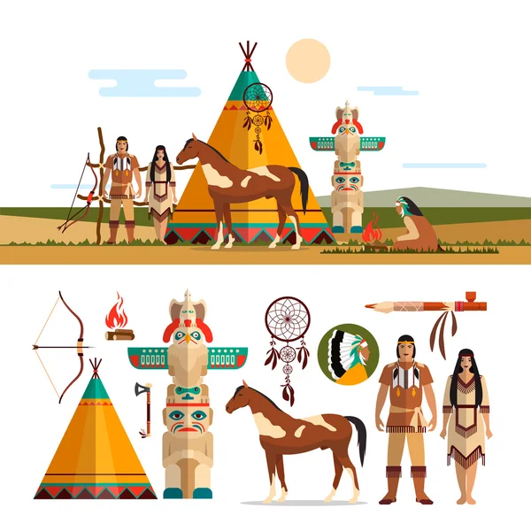 Conjunto vetorial de objetos tribais indianos americanos, ícones, elementos de design em estilo plano. Totem, lareira —  Vetores de Stock