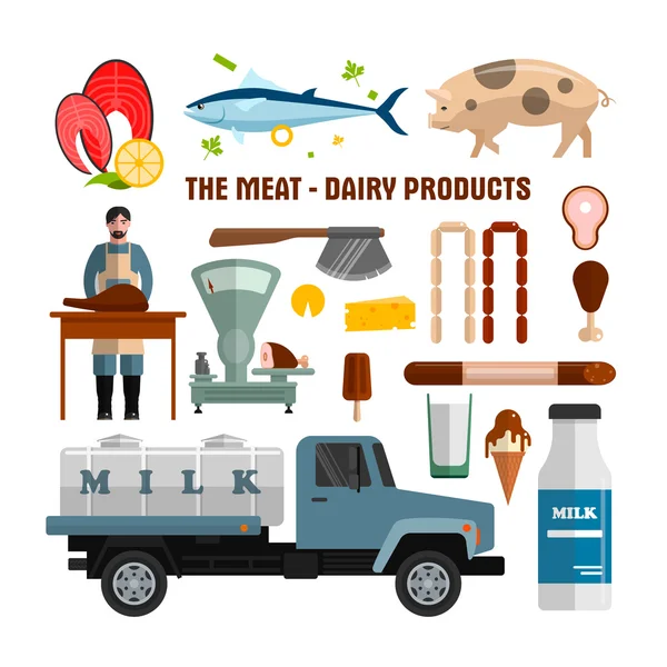 Carne e produtos lácteos objetos vetoriais isolados em fundo branco. Elementos de design de alimentos, ícones em estilo plano . — Vetor de Stock