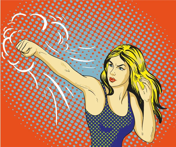 Joven mujer hermosa puñetazos y boxeo. Cartel vectorial conceptual en estilo retro cómic pop art . — Archivo Imágenes Vectoriales