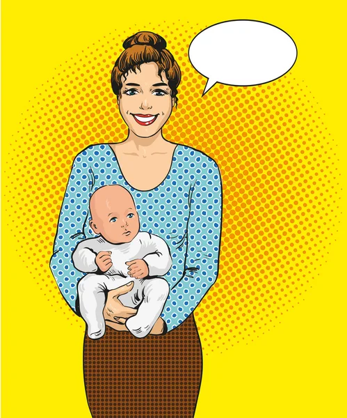 Donna in possesso di un bambino illustrazione vettoriale in stile pop art retrò. Madre con il suo poster di design a fumetti bambino — Vettoriale Stock