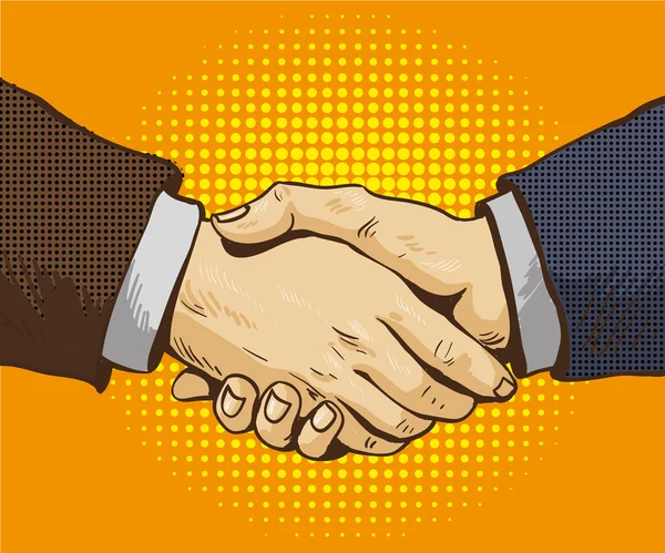 Businessmen shake hands vector illustration in retro pop art style. Partnership handshake concept poster in comic design — Stock Vector