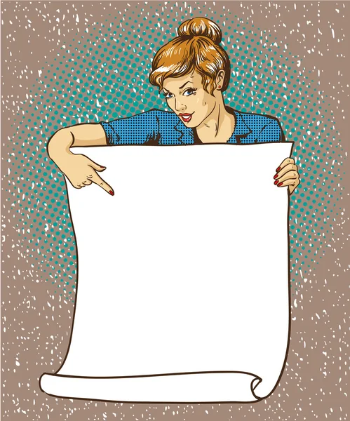 Femme tient une affiche en papier blanc vierge. Pop art BD style rétro illustration vectorielle. Mettez votre propre modèle de texte — Image vectorielle