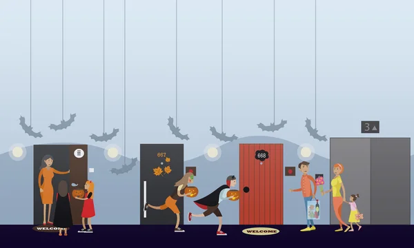 Niños jugando truco o trato. Feliz fiesta de Halloween banner concepto de fiesta. Ilustración vectorial en diseño de estilo plano — Archivo Imágenes Vectoriales