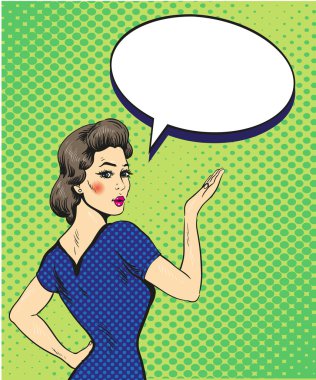 Pop art retro tarzı kadın nokta işaret konuşma balonu ile. Komik tasarım vektör illüstrasyon