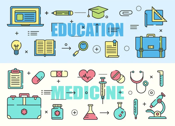 Banderas de diseño de línea delgada plana de Educación y Medicina. Elementos conceptuales vectoriales, iconos — Vector de stock