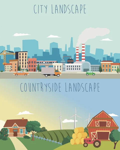 Conjunto vectorial de paisajes urbanos y rurales. Ciudad grande, ilustración de granja de pueblo en diseño de estilo plano — Vector de stock