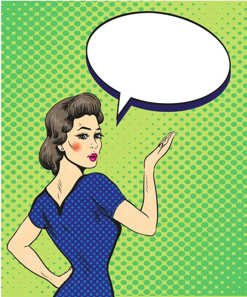 Pop-Art-Retro-Stil Frau zeigen Handzeichen mit Sprechblase. Comic Design Vektor Illustration — Stockvektor