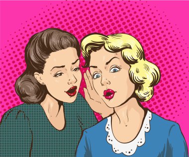Pop art retro komik vektör çizim. Dedikodu ya da gizli onun arkadaşı fısıldayan kadın