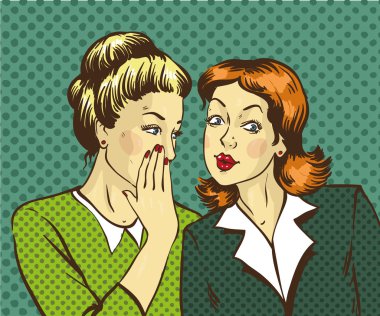 Pop art retro komik vektör çizim. Dedikodu ya da gizli onun arkadaşı fısıldayan kadın