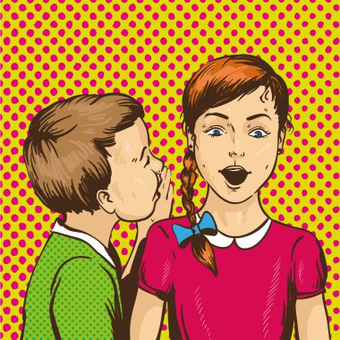 Pop art retro komik vektör illüstrasyon. Arkadaşıiçin dedikodu ya da sır fısıldayan bir çocuk. Çocuklar birbirleriyle konuşur.