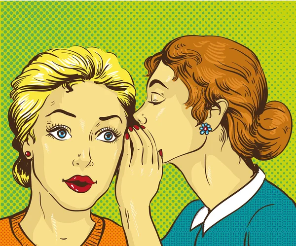 Pop art retro komik vektör çizim. Dedikodu ya da gizli onun arkadaşı fısıldayan kadın