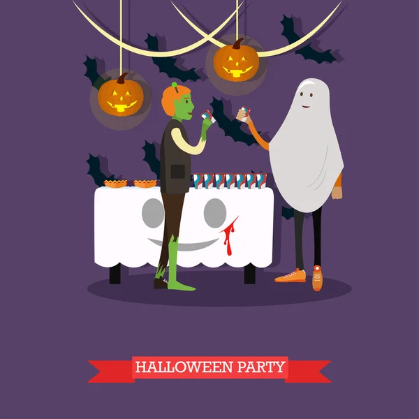 Lidé v zrůdy a kostýmy duchů na Halloweenské párty. Vánoční plakáty. Vektorová ilustrace v návrhu plochého stylu — Stockový vektor